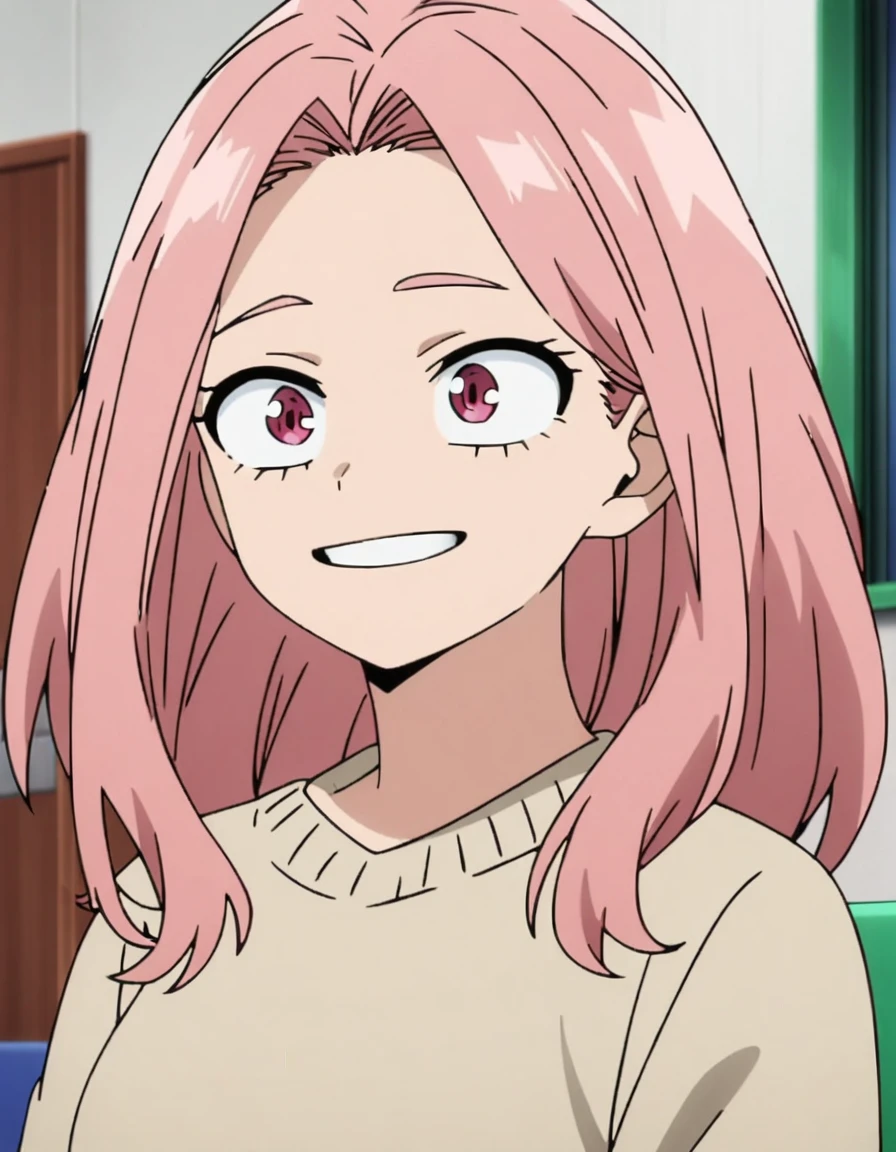 1girl, female focus, my hero academia screencap, boku no hero academia, pink hair, pink eyes, smiling, long hair, cute, wearing with beige jumper, in UA school