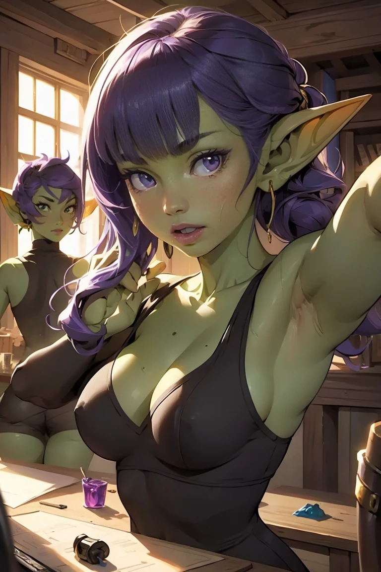 ((best quality)), ((masterpiece)), (detailed), goblin girl, (green skin), purple hair, playing dungeons and dragons, having fun with friends, dynamic pose
