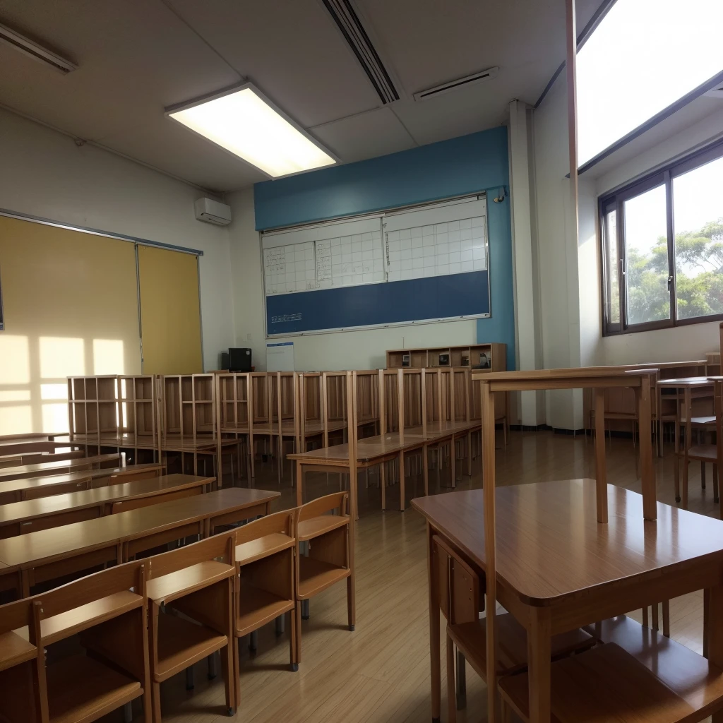 Quero uma imagem de uma sala de aula universitaria, com um por do sol transcedendo a  janela. Do it in an Asian classroom style, com varias mesas e cadeira, mochilas, cadernos. Do it in a blue style