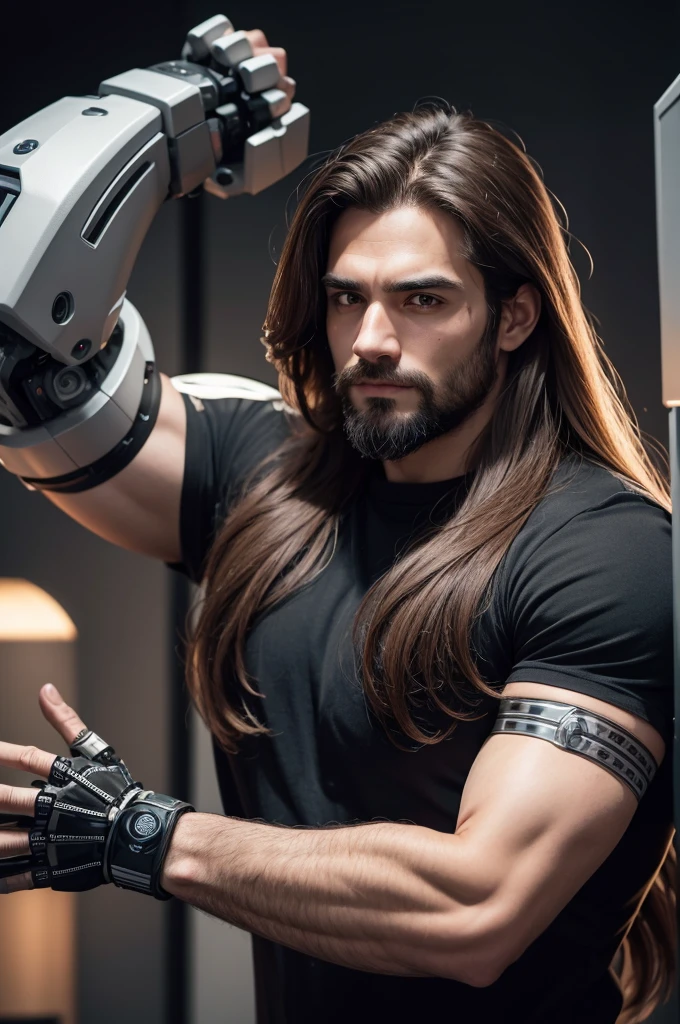 Strong man long hair unshaven with a robotic arm