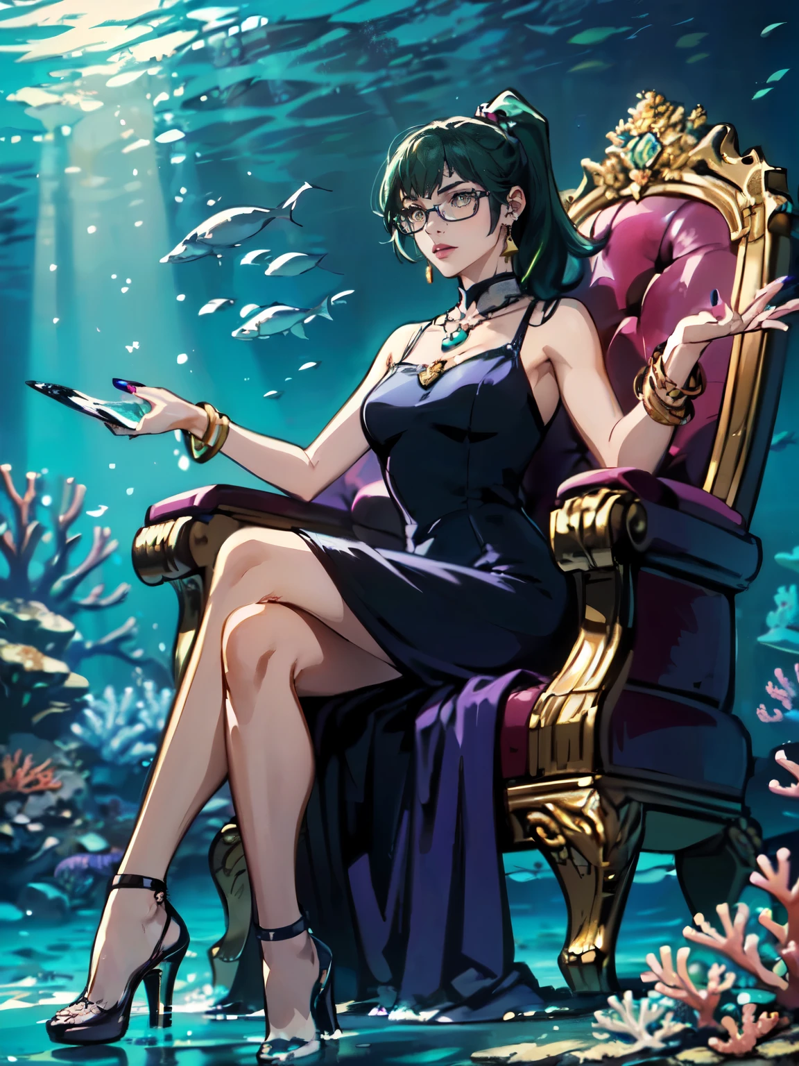 ((1girl, solo ,alone,zenin_maki, ponytail, glasses, bangs, green hair, brown eyes, painted nails, gold bracelets, ruby earrings)), ((solo, 1woman, pink lipstick, Extremely detailed, ambient soft lighting, 4k, perfect eyes, a perfect face, perfect lighting, a 1girl)), austere, ((sitting on a throne, ((legs crossed, high heels, underwater, submerged in the ocean, deep sea, sea creatures, aqua)), sitting on her throne under; water, sea queen, mu yanling, Krenz Cushart and Artgerm, ((fish, coral)), shark, turtle, algae)), ((long dress, elegant violet dress , formal dress, (violet dress), bracelets, ruby earrings, gold necklace, diamond, sovereign))