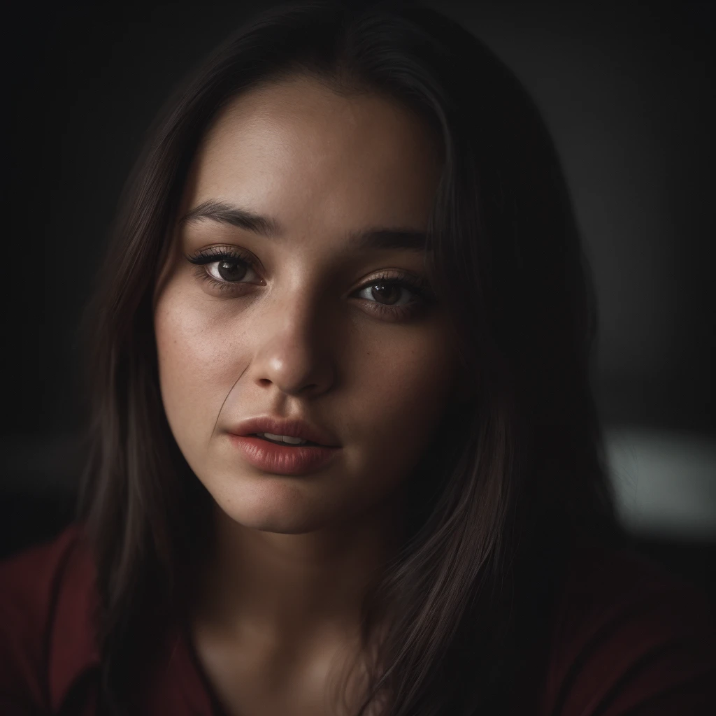 (close-up, editorial photograph of a 21 year old woman), (highly detailed face:1.4) (smile:0.7) (background inside dark, moody, private study:1.3) POV, by lee jeffries, nikon d850, film stock photograph ,4 kodak portra 400 ,camera f1.6 lens ,rich colors ,hyper realistic ,lifelike texture, dramatic lighting , cinestill 800,