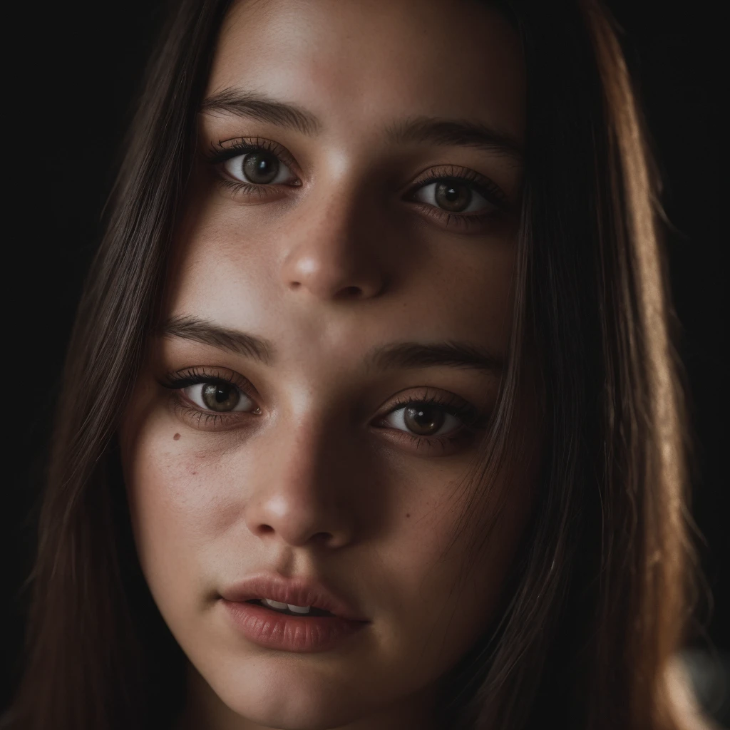 (close-up, editorial photograph of a 21 year old woman), (highly detailed face:1.4) (smile:0.7) (background inside dark, moody, private study:1.3) POV, by lee jeffries, nikon d850, film stock photograph ,4 kodak portra 400 ,camera f1.6 lens ,rich colors ,hyper realistic ,lifelike texture, dramatic lighting , cinestill 800,