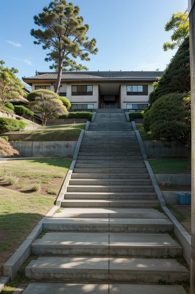 make me a very large Japanese school backyard: long concrete stairs: long distance view from under the stairs: school background: bright blue day: grass around the stairs