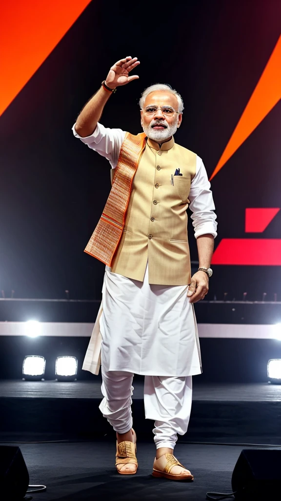 create a image 

"Narendra Modi mic pakad kar stage par gana ga rahe hain, unka pose bahut stylish hai. Background pure black hai aur image 9:16 ratio mein banaya gaya hai."