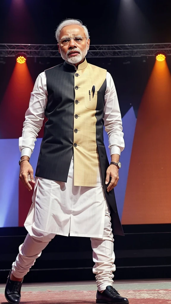 create a image 

"Narendra Modi mic pakad kar stage par gana ga rahe hain, unka pose bahut stylish hai. Background pure black hai aur image 9:16 ratio mein banaya gaya hai."