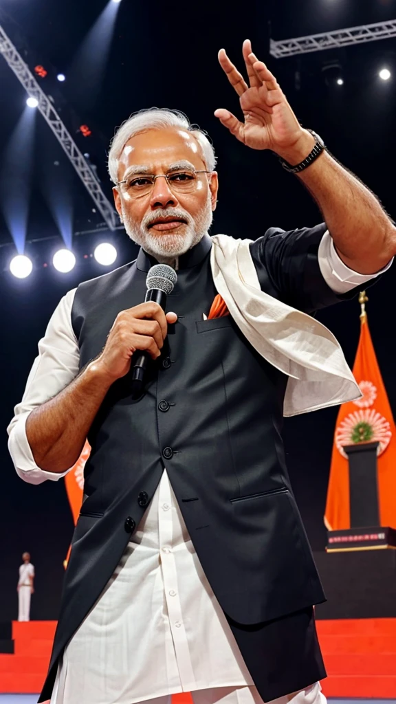 create a image
"Narendra Modi mic pakad kar stage par gana ga rahe hain, unka pose bahut stylish hai. Background pure black hai aur image 9:16 ratio mein banaya gaya hai."