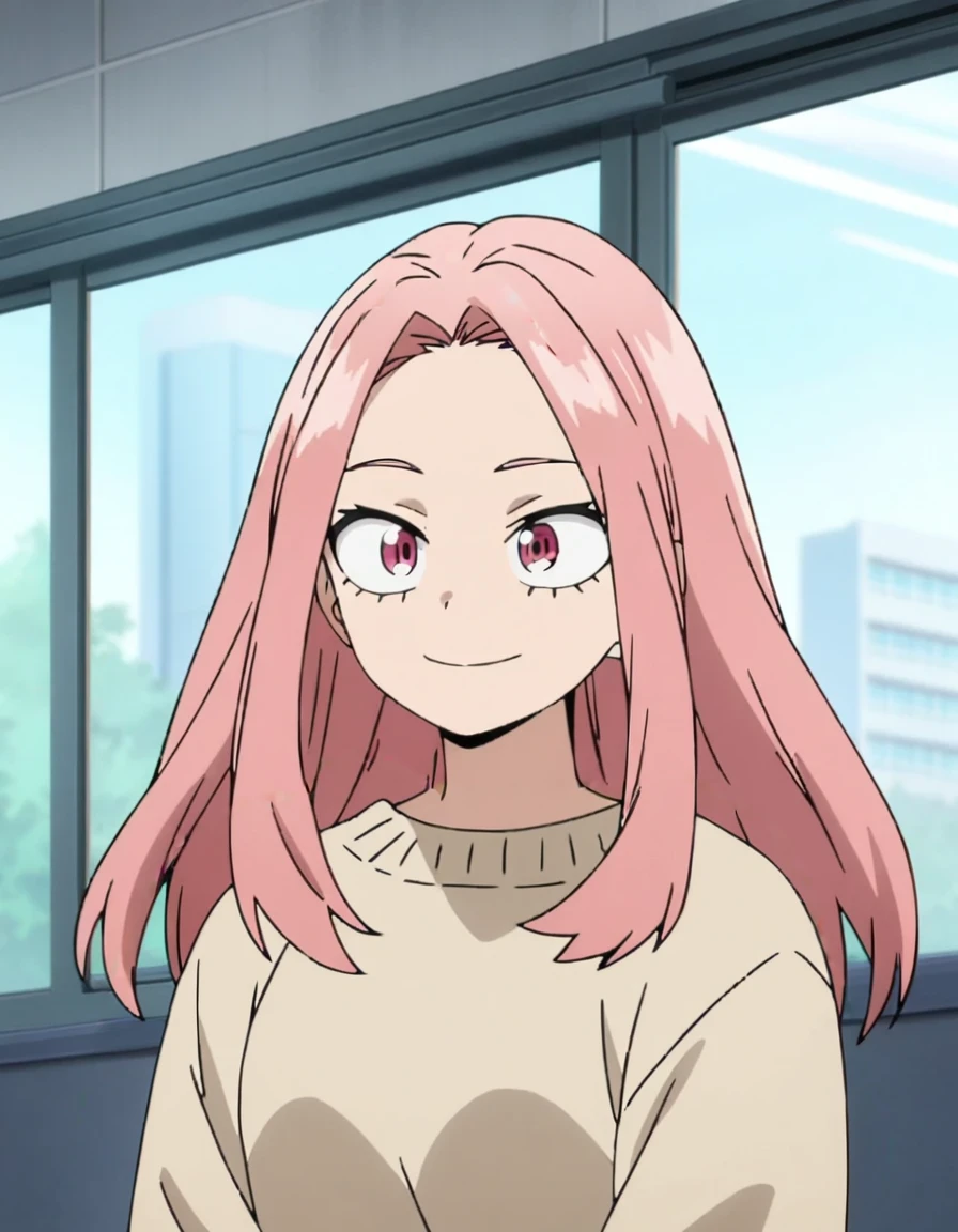 1girl, female focus, my hero academia screencap, boku no hero academia, pink hair, pink eyes, smiling, long hair, cute, wearing  with beige jumper, in UA school