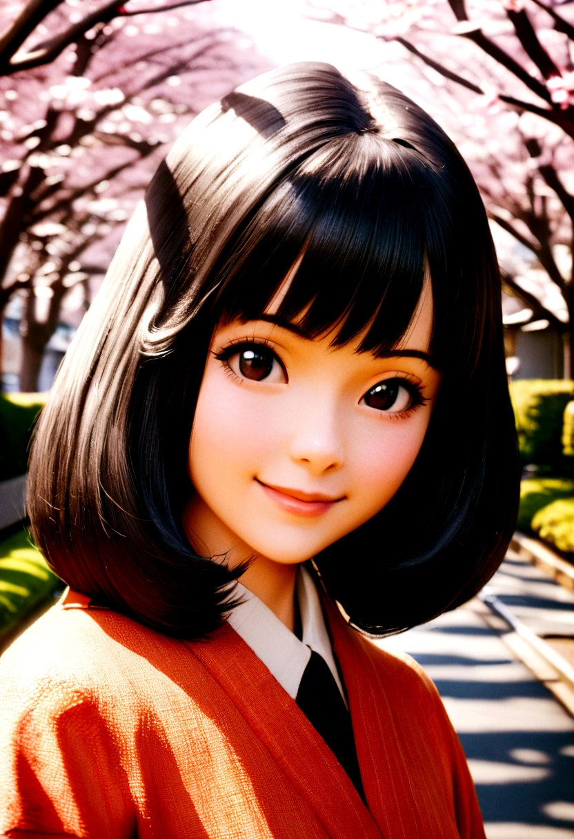 retro photography, 1960s , AGFA, Kodak, 1girl,  portrait, looking_at_viewer,  smile,  japan, tokyo, cherry blossom,  octane render,  solo, rtrophto1