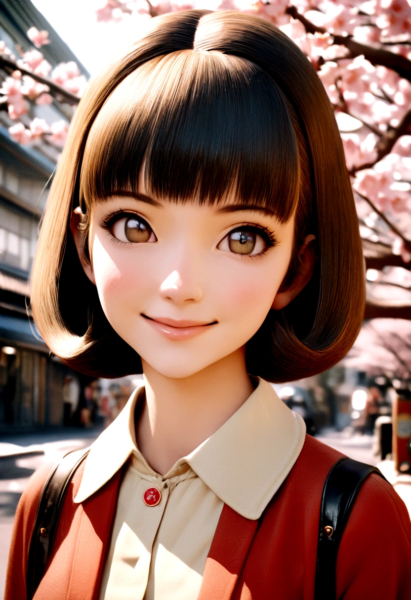 retro photography, 1960s , AGFA, Kodak, 1girl,  portrait, looking_at_viewer,  smile,  japan, tokyo, cherry blossom,  octane render,  solo, rtrophto1