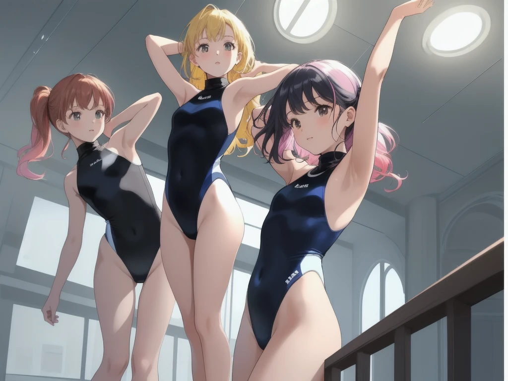 Best image quality, 8k, high quality, ((masterpiece)), (High detail), (((Perfect Anatomy, Perfect Style))), The background is a bit blurry, Depth of written boundary, Portraiture, Open Stance, (Mature Woman), (Cute illustrations:1.2), Poolside, (Multiple girls with different hair colors and styles:1.2), (Three Girls One person in the center Facing forward and approaching rapidly Leg spread), (The other children are placed at the back on both sides.), Dawn, Beautiful light, Professional Lighting, (Small breasts), (One-piece turtleneck shine color high leg Glossy competitive swimsuit Monochromatic and understated design), sexy, Dynamic pose, An atmosphere celebrating youth, smile, Innocence、 Dynamic Angle, ((Armpits:1.2)), barefoot, Photographed looking up from the ground Close-up of the girl in the middle's crotch、((Swimsuits are tight fitting and wrinkled:1.2))、Her whole body was wet and shiny like she'd been oiled.