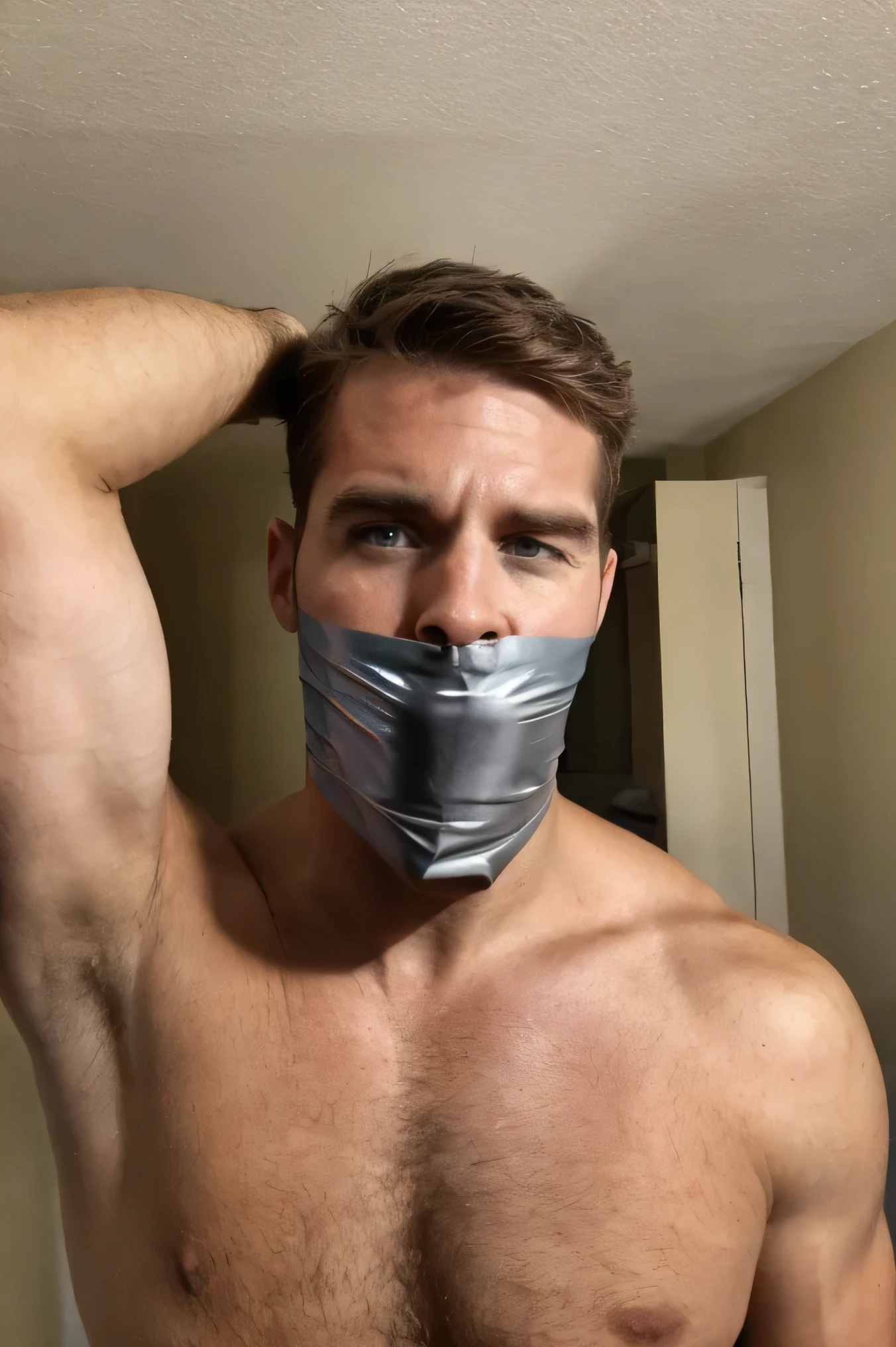 handsome man, hairy chest, naked, short brown hair, facial hair, bearded, duct tape gag, duct tape wrapped, wrap gag, tightly bound, duct tape wrapped around face