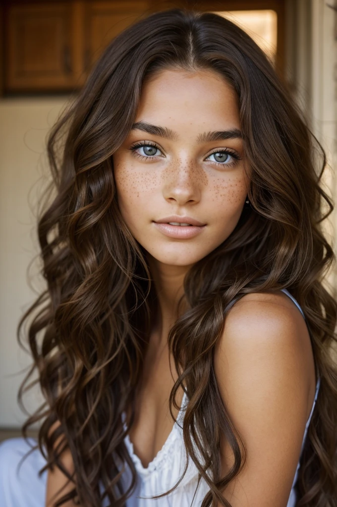 Young brunette woman with long curly hair, les yeux noir en amandes , mixed skin color with freckles