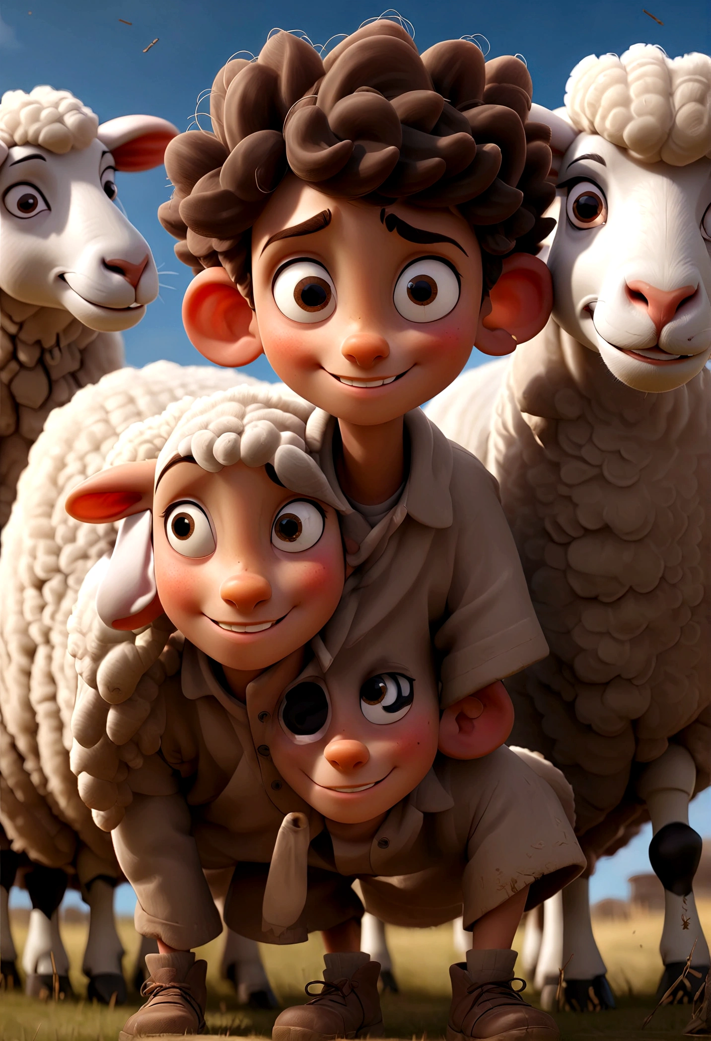 a boy stranding with a sheep beside him, wide smile, detailed face, intricate details, highly detailed, cinematic lighting, dramatic shadows, bright atmosphere, digital painting, masterpiece, best quality, very aesthetic