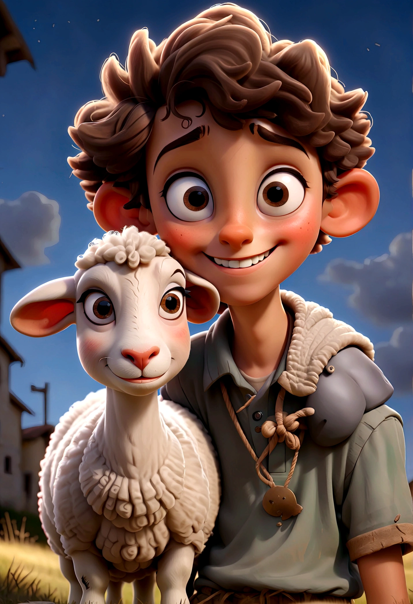 a boy stranding with a sheep beside him, wide smile, detailed face, intricate details, highly detailed, cinematic lighting, dramatic shadows, bright atmosphere, digital painting, masterpiece, best quality, very aesthetic