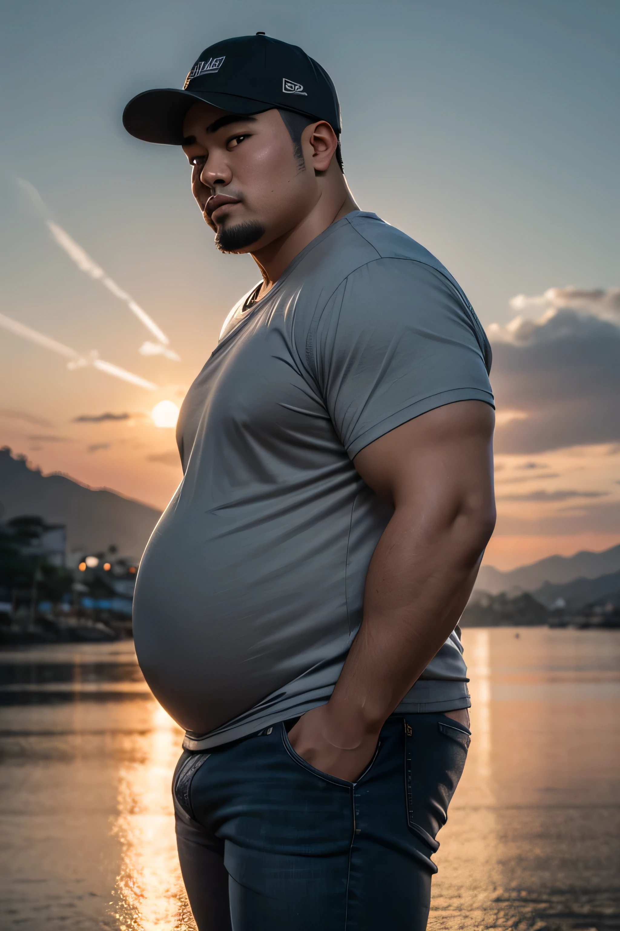 (8K, high definition, high quality, highly detailed) Tall and handsome obese Asian guy.  big tummy. about face. turning his face to the side. wearing a t- shirt and a jacket and jeans. wearing a baseball cap. black and gray color palette. Baguio City, Philippines. sunset. blurred background.