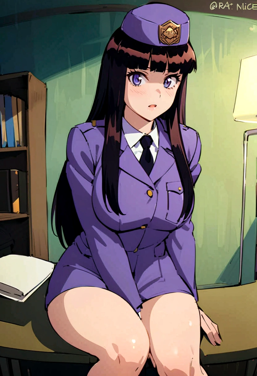 Long black hair female wearing violet police uniform with a cap, has big beautiful eyes.