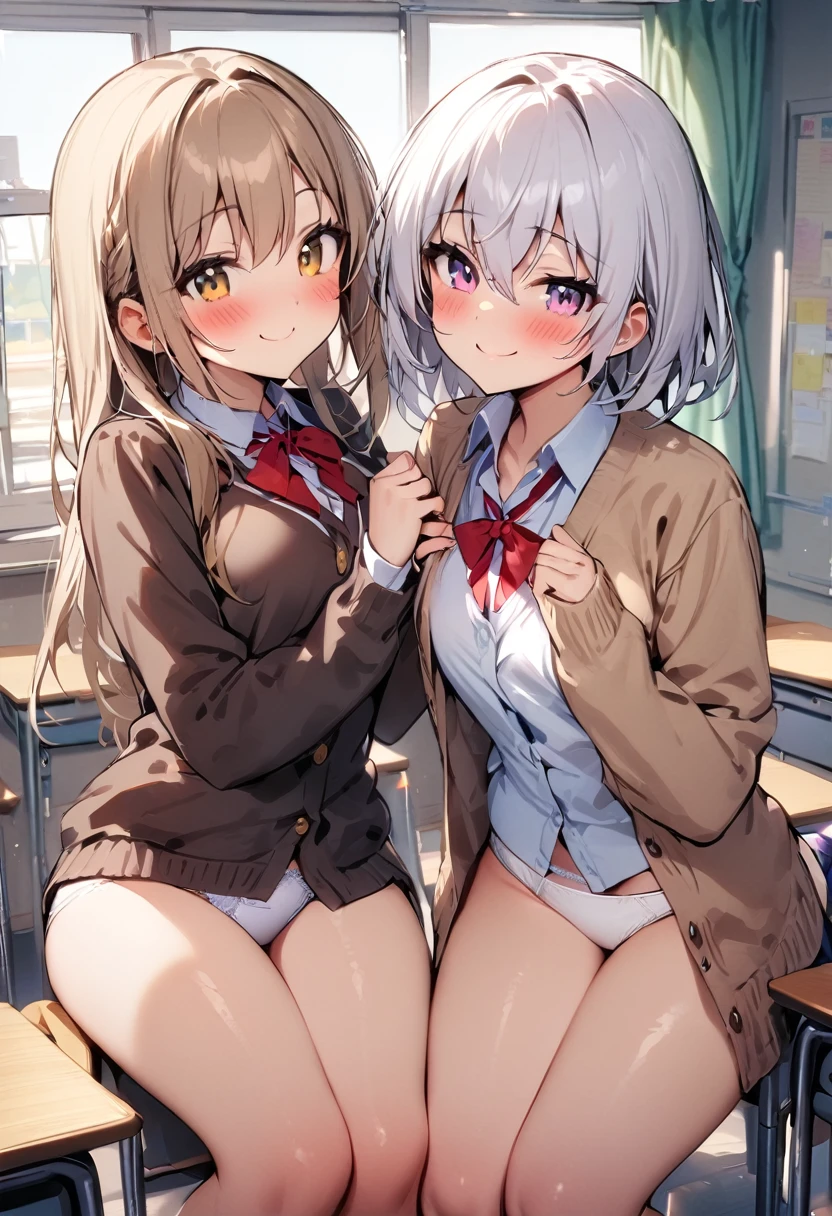 highest quality,masterpiece, ((2 girls:1.5)), (cardigan)、eight-headed body, Put your knees on your chest:1.5, (smile:1.5), ((high )), ((classroom:1.5)), blush:1.3, (White panties:1.5)