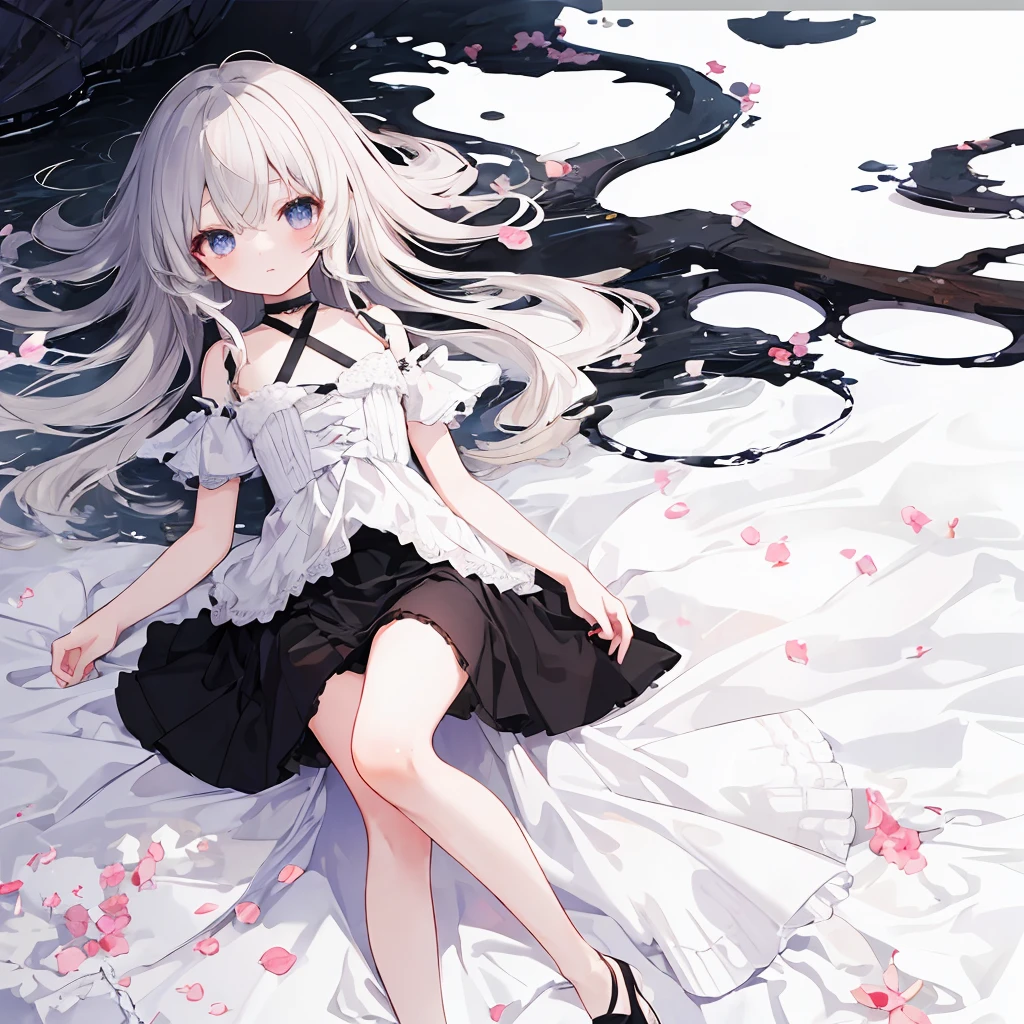 8 year old girl white hair ,Red eyes(one lens),a white dress(that reaches your knees) a little chubby,.
