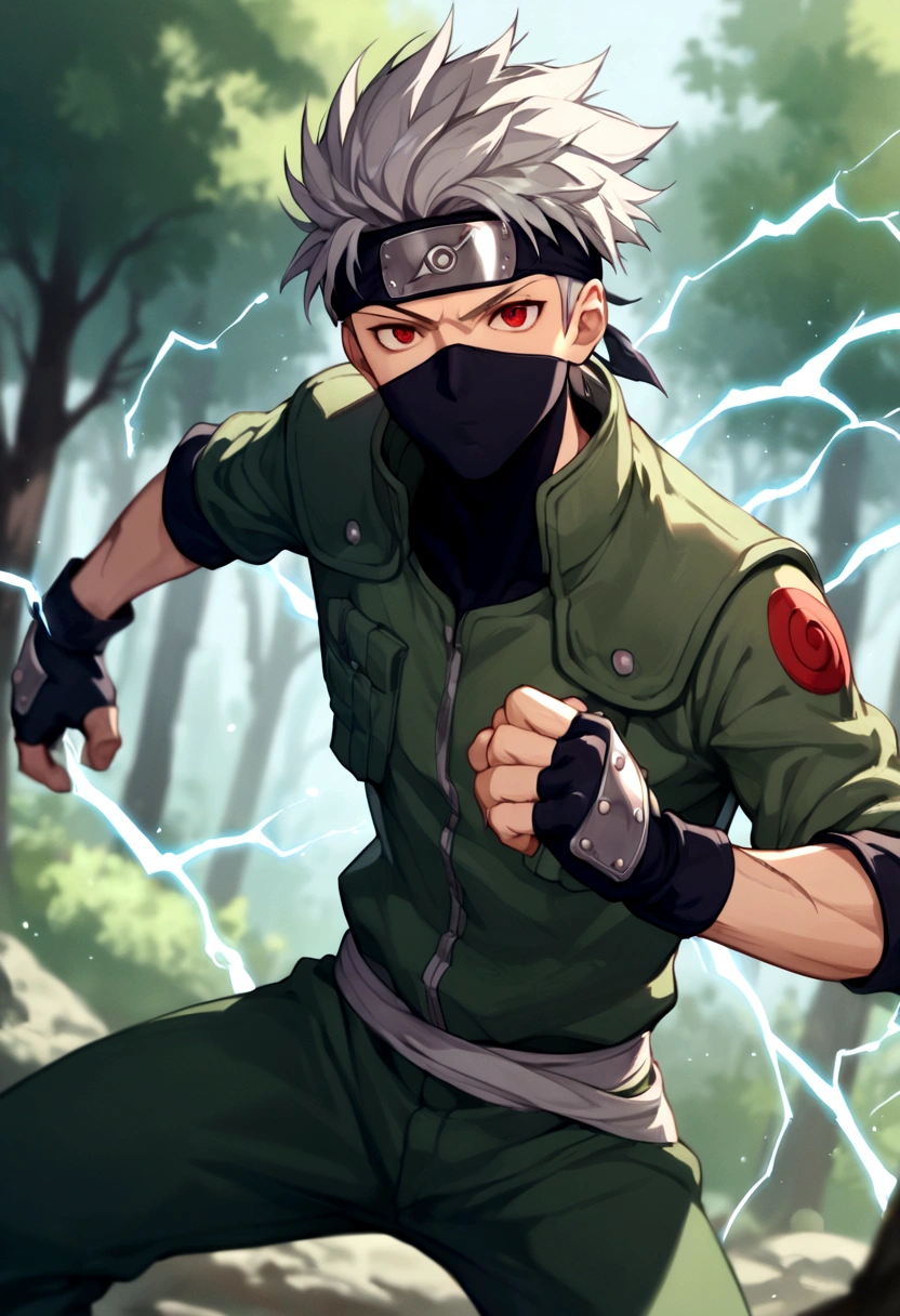 score_9, score_8_up, score_7_up, score_6_up, score_5_up, score_4_up, BREAK, source_anime, 1boy, kakashi casting a chidori, grey hair, red eyes, covered mouth, scar across eye, forehead protector, konohagakure symbol, fingerless gloves, chidori, fighting stance, electricity, electrokinesis, energy, pants, looking at viewer, solo, forest, trees, blurry background