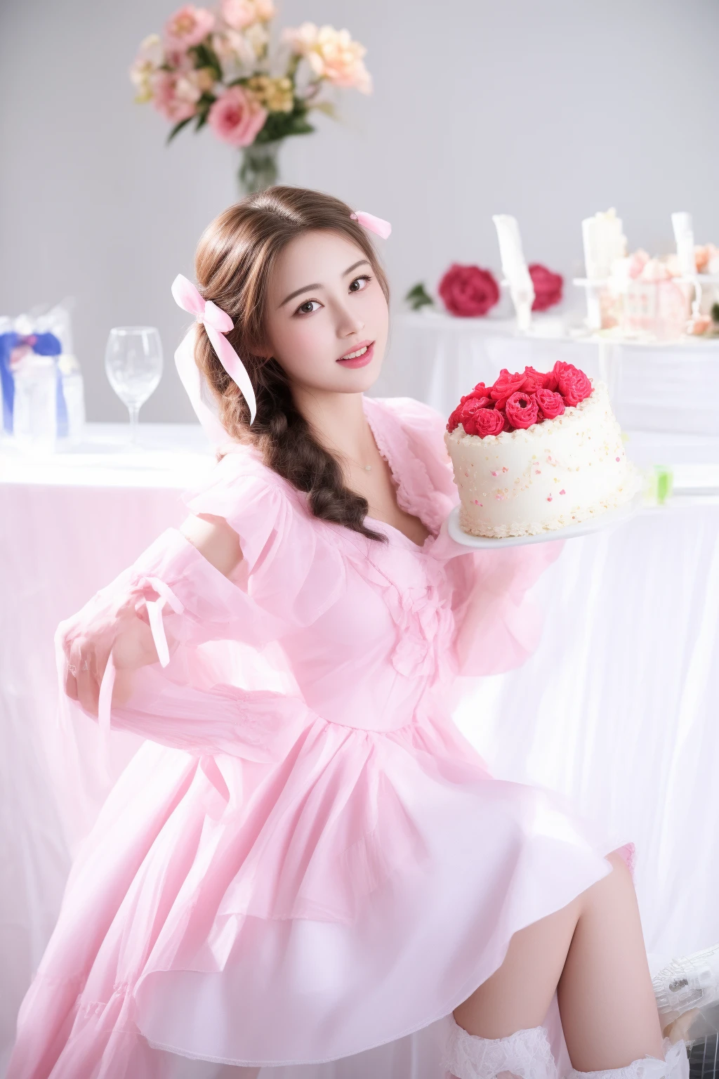 there is a woman in a pink dress holding a cake, cute:2, beautiful aerith gainsborough, aerith gainsborough, holding a birthday cake, rei hino as a princess, eating cakes, belle delphine, japanese maid cafe, photo taken with nikon d750, photo taken with nikon d 7 5 0, taken with canon eos 5 d