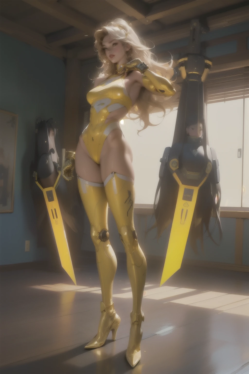 ((Best quality)), ((masterpiece)), (detailed: 1.4), (Absurd), (((full body)), (((woman))), 35-year-old woman, Beautiful muscular woman, giant robot pilot, wild with perfect body, wearing little clothing, tiny thong, clothing with Japanese graphic patterns, halftone pattern and vertical stripes, yellow gold, coming out of the body of a giant robot