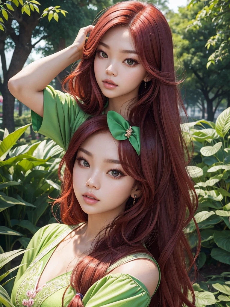A woman glowing skin, lips, sacimaer detailed skin, with five fingers normal on the hands Beautiful face and detailed pink eyes, Spotlight, professional lighting, 1 girl, Alone, long hair, wearing a green outfit, natural pose, lips, indoor, realistic, I want the whole image be created, face and body of blackpink's Jennie kim with red hair and in four places with different poses doing random things walking in a park with different plants, a calm square with some people in the background I want it in selfie format, a selca