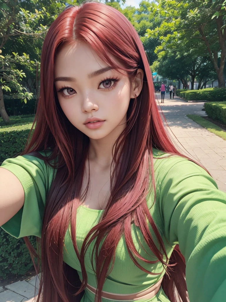 A woman glowing skin, lips, sacimaer detailed skin, with five fingers normal on the hands Beautiful face and detailed pink eyes, Spotlight, professional lighting, 1 girl, Alone, long hair, wearing a green outfit, natural pose, lips, indoor, realistic, I want the whole image be created, face and body of blackpink's Jennie kim with red hair and in four places with different poses doing random things walking in a park with different plants, a calm square with some people in the background I want it in selfie format, a selca