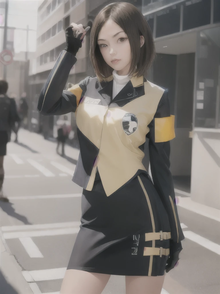 (extremely detailed CG), (best quality), 1girl, perfect face, shiny skin, lustrous skin, wide hips,narrow waist,    JasmineDeka ,fingerless gloves,armband,short hair, long sleeves,jacket,pencil skirt,boots,uniform, skirt, brown eyes, gloves, brown hair,