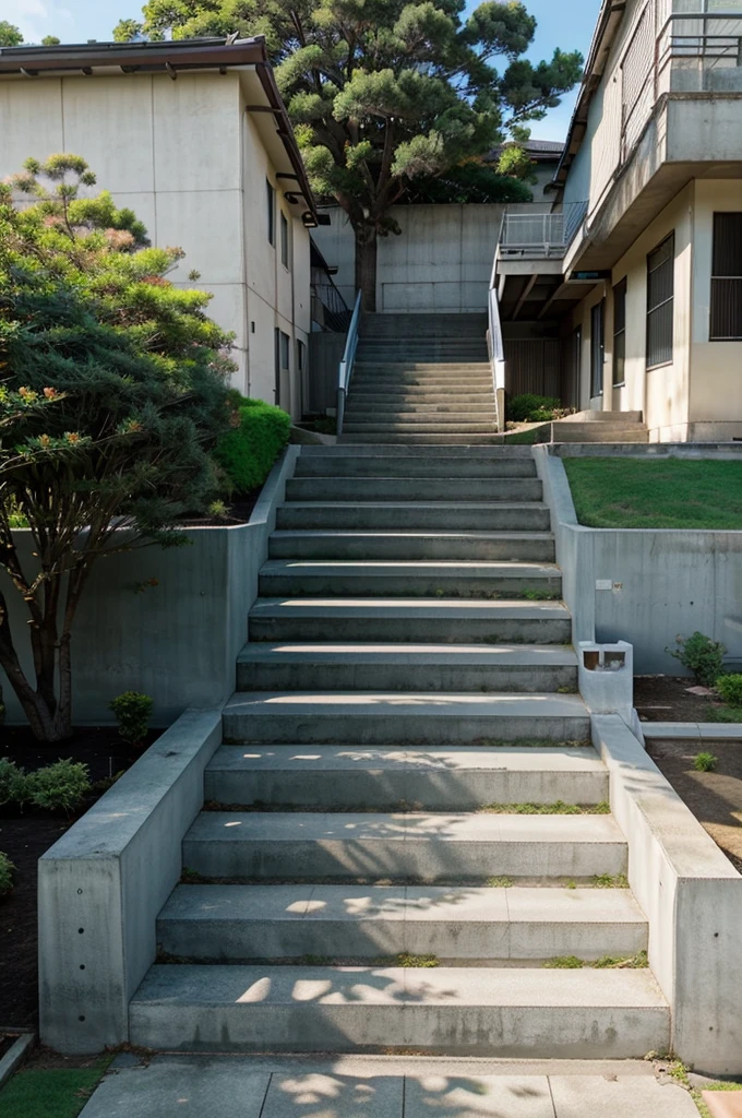make me a very large Japanese school backyard: long and wide concrete stairs: long distance view from under the stairs: school background: bright blue day: green grass around the stairs