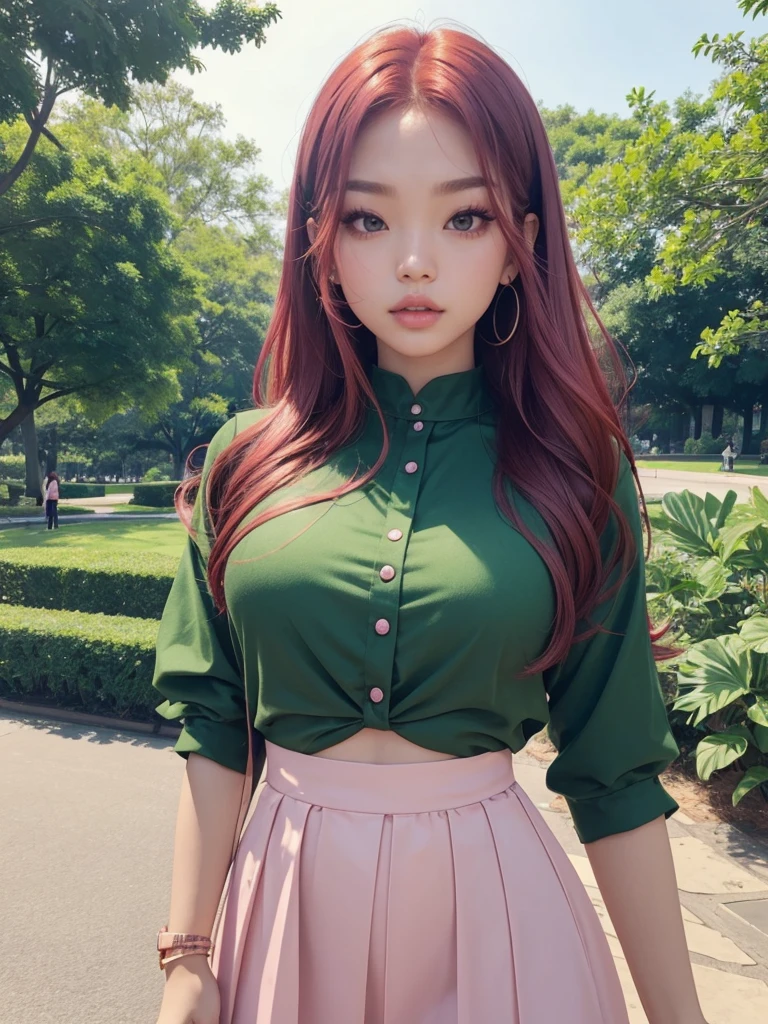 A woman glowing skin, lips, sacimaer detailed skin, with five fingers normal on the hands Beautiful face and detailed pink eyes, Spotlight, professional lighting, 1 girl, Alone, long hair, wearing a green outfit, natural pose, lips, indoor, realistic, I want the whole image be created, face and body of blackpink's Jennie kim with red hair and in four places with different poses doing random things walking in a park with different plants, a calm square with some people in the background I want it in selfie format, a selca