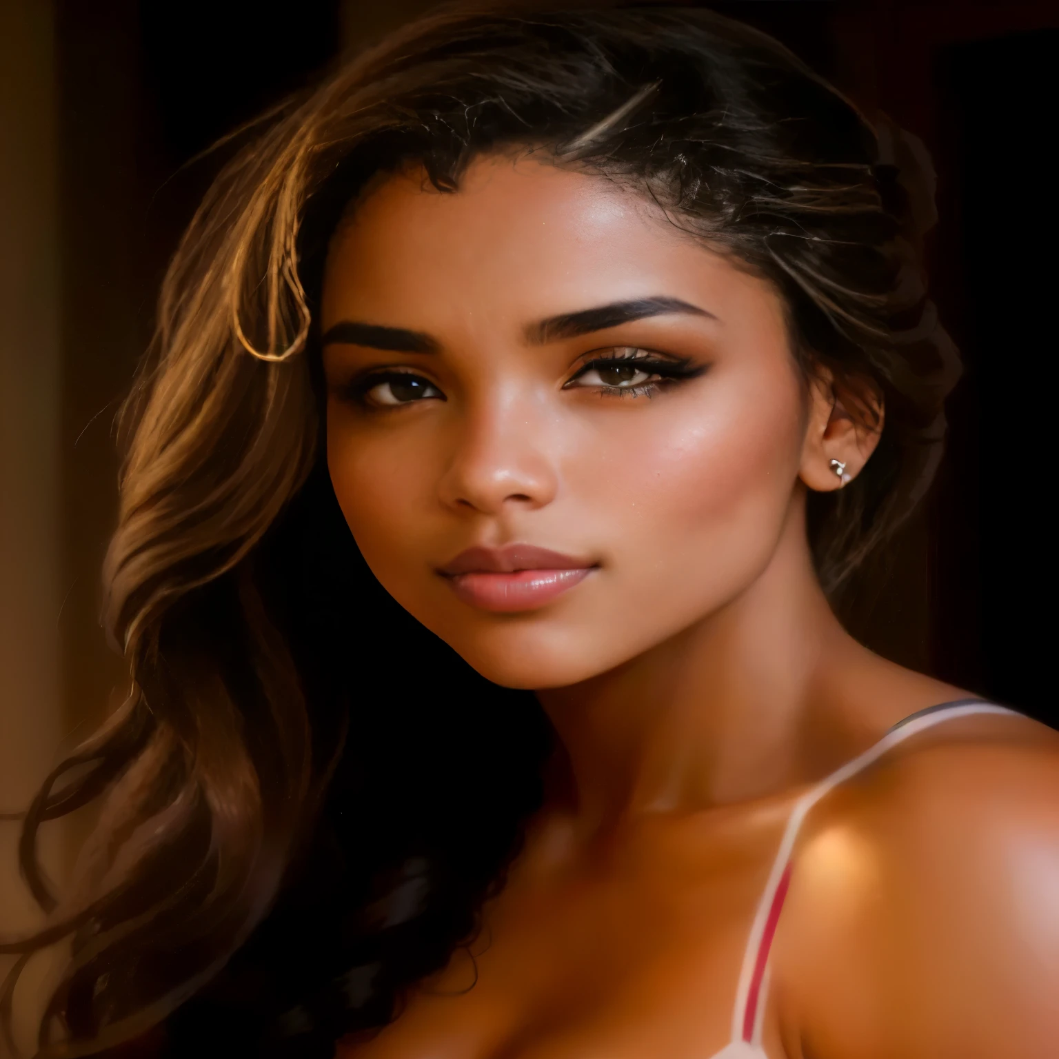 a close up of a mixed race ( Arabian and African American) woman with long curly hair wearing lingerie ,jaw dropping beauty, photo of a beautiful woman, portrait of a beautiful model, gorgeous attractive face, a beautiful young woman, flawless light brown olive skin, sexy tattoos ,arm sleeves of tattoos Egyptian styles, gorgeous face, beautiful face and flawless skin, gorgeous beautiful woman, beautiful model