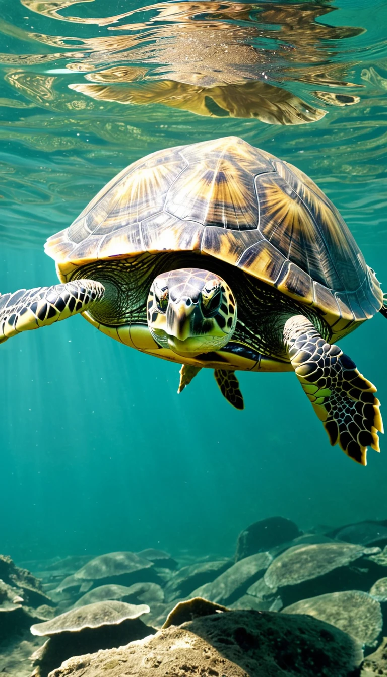 There are many magical turtles living at the bottom of the river,Its shape is no different from that of a turtle.,But it was a bird's eye view but a snake's tail,Mysterious Creatures, shrike, (best quality,4k,8k,High level,masterpiece:1.2),Ultra Detailed,(lifelike,Photo real,Photo real:1.37),Highly detailed animals,Complex patterns,Dramatic lighting,Fantasy Creatures