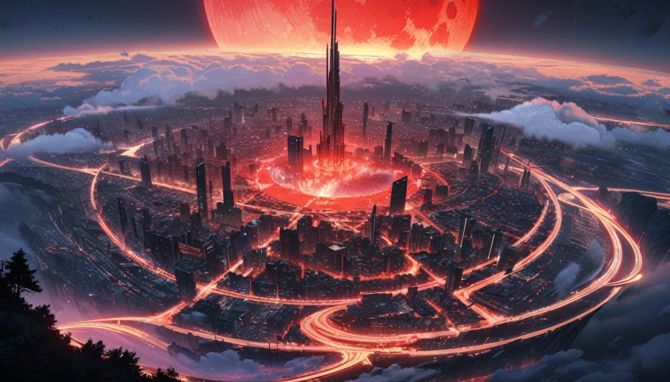 (Perfect Quality), (Red & White), In a flat landscape, (1 moon), (Giant Night Metropolis), (Huge red moon), mist, wide shot, atmospheric perspective, perspective, Masterpiece, highres, HD, 4K, best quality, award winning, high quality, super detail, accurate, masterpiece, UHD