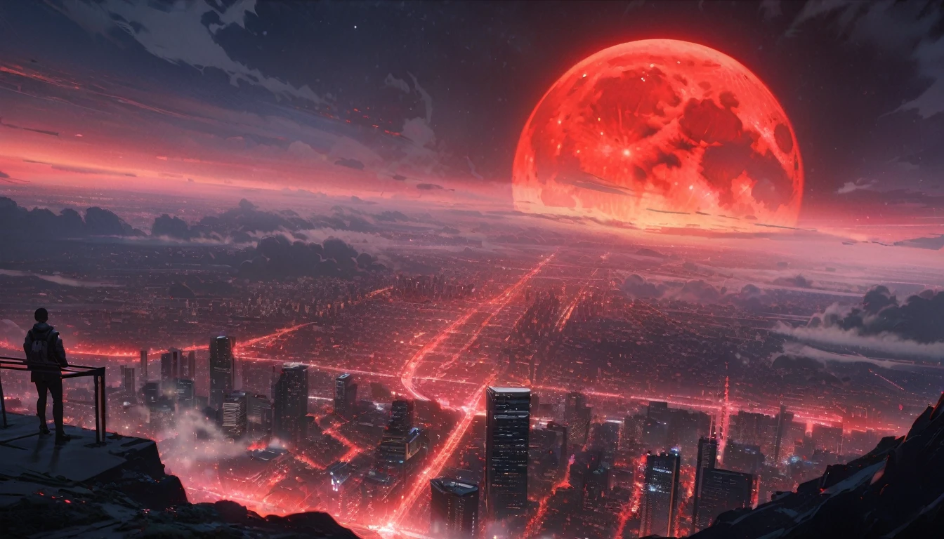 (Perfect Quality), (Red & White), In a flat landscape, (1 moon), (Giant Night Metropolis), (Huge red moon), mist, wide shot, atmospheric perspective, perspective, Masterpiece, highres, HD, 4K, best quality, award winning, high quality, super detail, accurate, masterpiece, UHD
