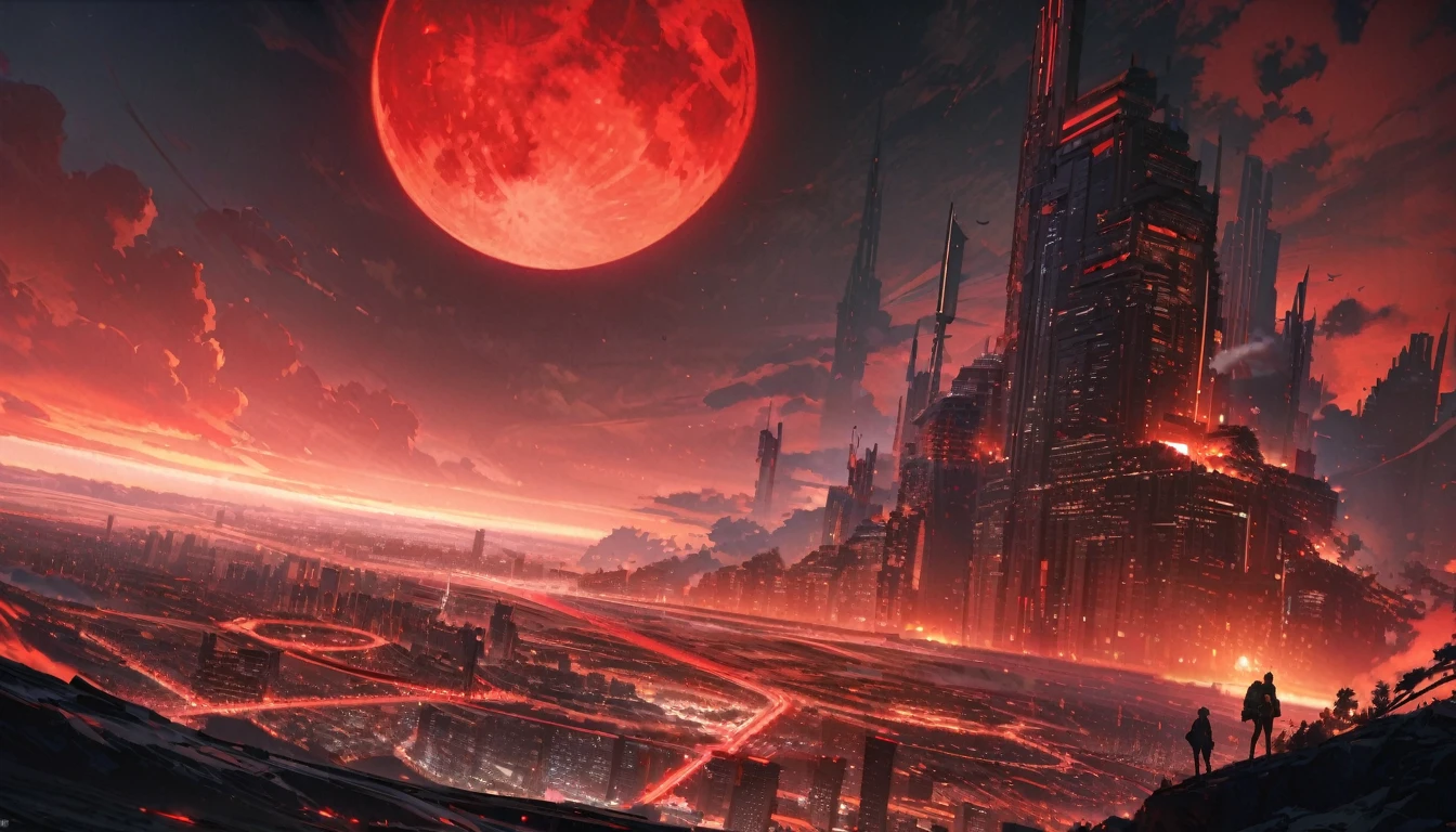 (Perfect Quality), (Red & White), In a flat landscape, (1 moon), (Giant Night Metropolis), (Huge red moon), mist, wide shot, atmospheric perspective, perspective, Masterpiece, highres, HD, 4K, best quality, award winning, high quality, super detail, accurate, masterpiece, UHD