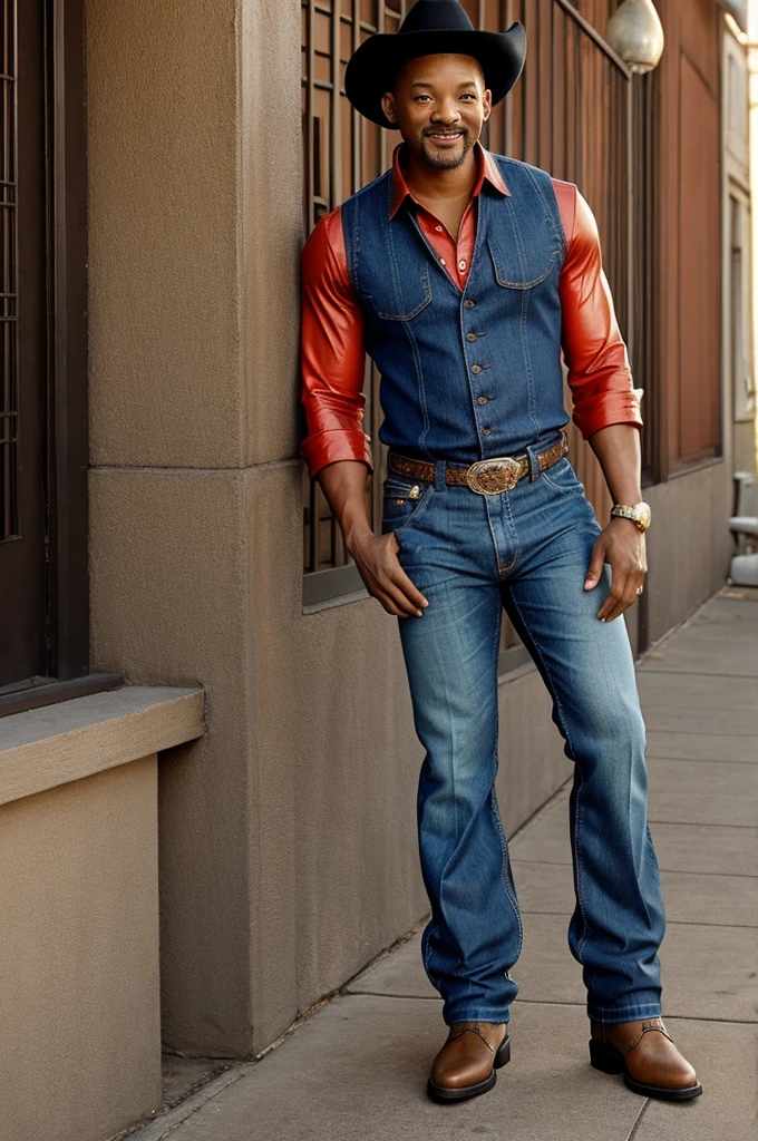 Will Smith wearing mega flare bell bottom jeans with cowboy boots. He is standi g. He is smiling.