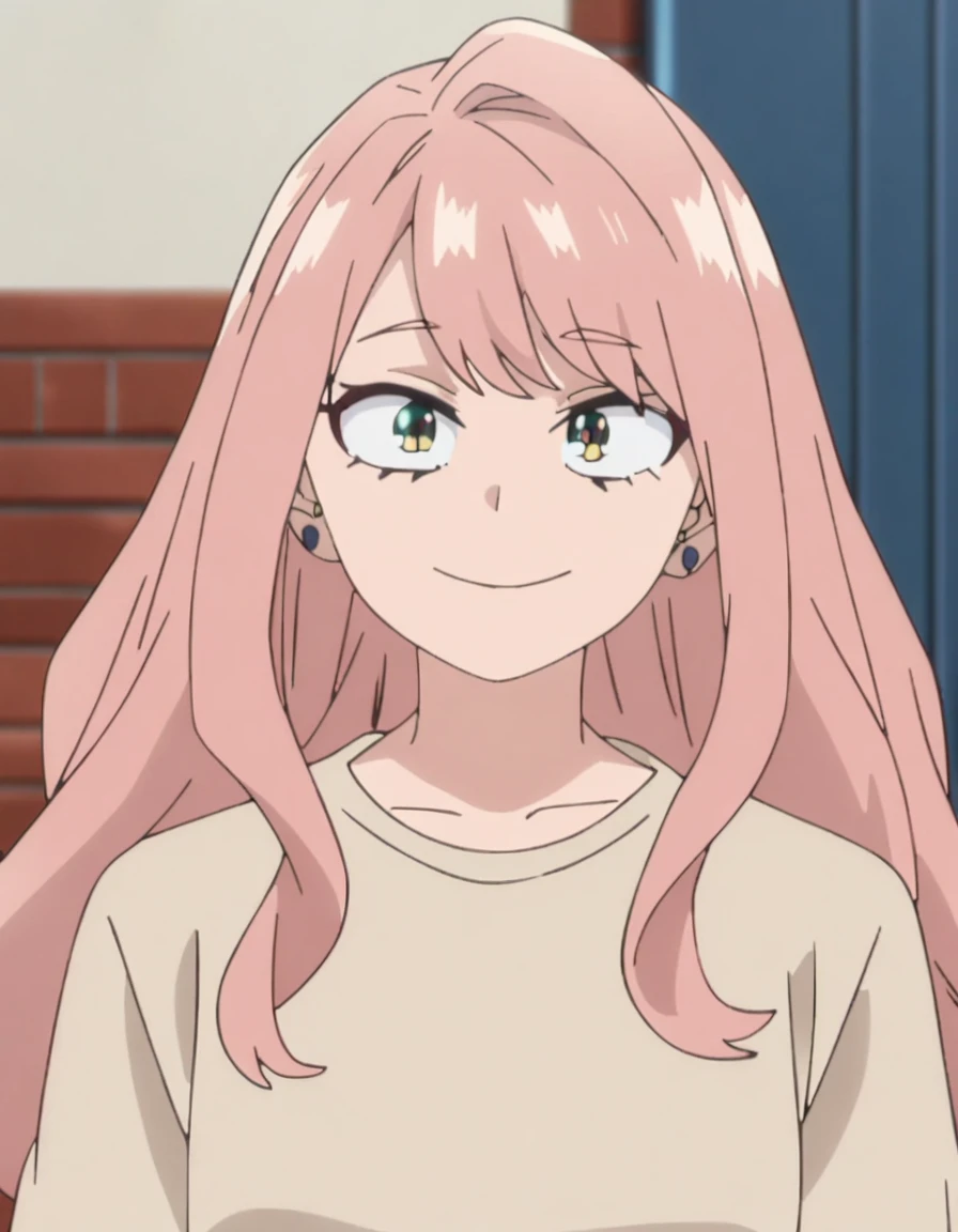 1girl, female focus, my hero academia screencap, boku no hero academia, pink hair, gold eyes, smiling, super long hair, cute, wearing with beige jumper, in UA school, earrings, bangs, 
