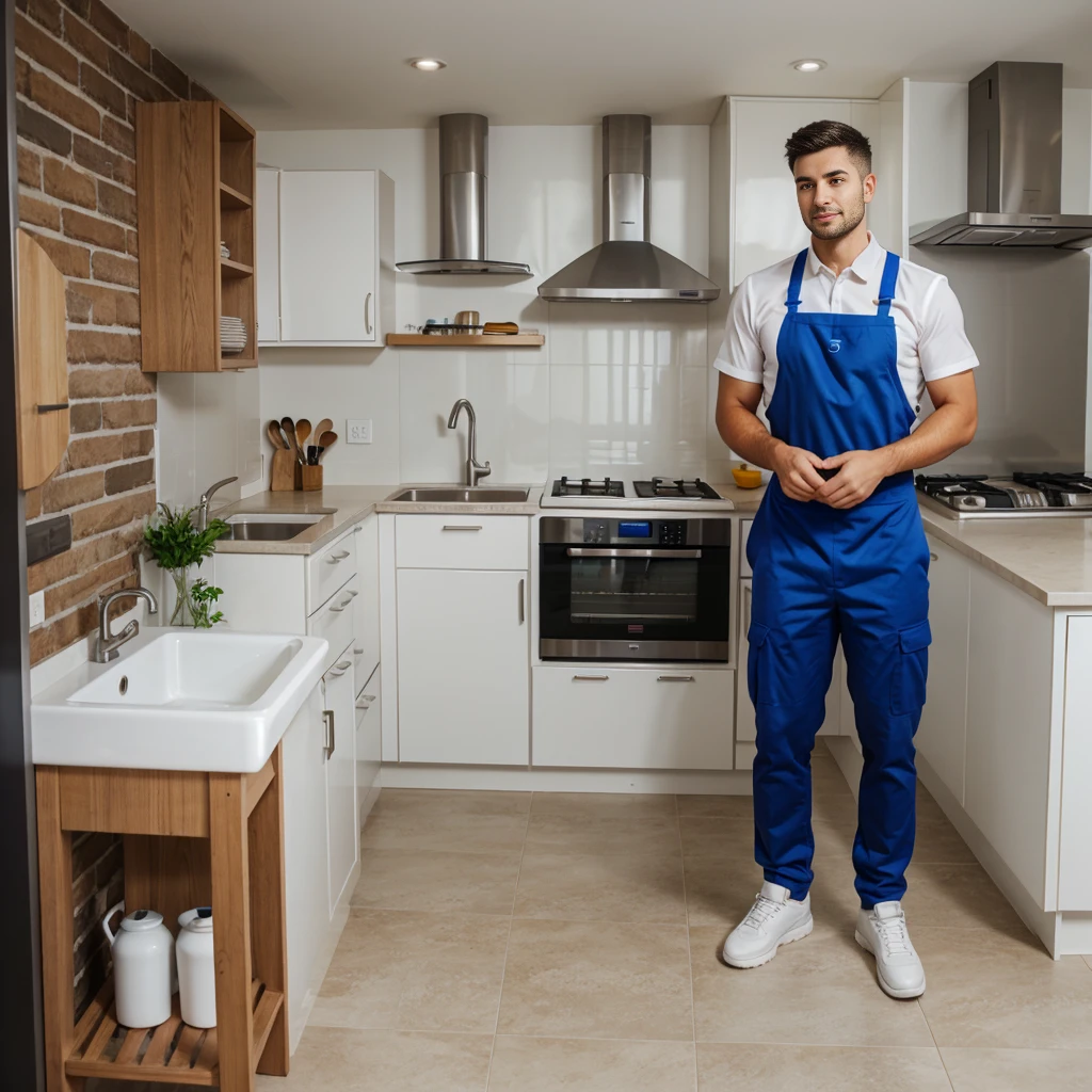 Man standing in kitchen, plumbers uniform, short hair, medium body, 