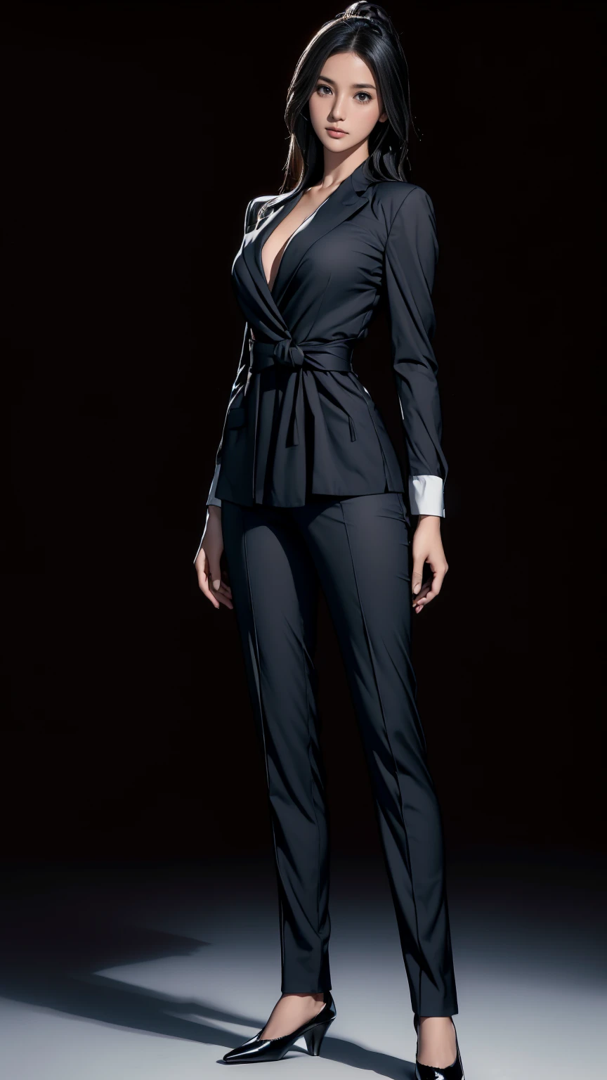 ((masterpiece,best quality,8k,highres)),((character concept art)), 1 female, young adult female, Yumi Tanaka, 19 years old, (black shiny hair tied in a knot), black hair, (fair skin colour), ultra finely detailed eyes (mysterious black eyes colour), quiet, stoic, calm, perfect body build ((slim, athletic, busty)), ((intricate detail)), super finely detailed hands, ultra finely detailed fingers(((ten fingers))), wearing black dress shirt, black blazer, black trousers, (standing with confidence), (full body showcase), (show full body), (no logos on background), (no logo), ((plain background)), ((plain background)), (((empty background)))