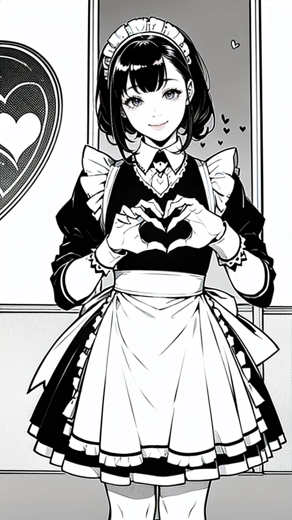 (masterpiece:1.2, Highest quality),(Line art),(Monochrome),(Very detailed),8K,wallpaper,1 female,Cute face,smile,((Maid in a maid café)),((betterhand)),Random hairstyle,Random pose,Beautiful female hands,((lineart, monochrome)),BREAK(((maid cafe))),(((heart hands))),((a girl in gothic costume standing))