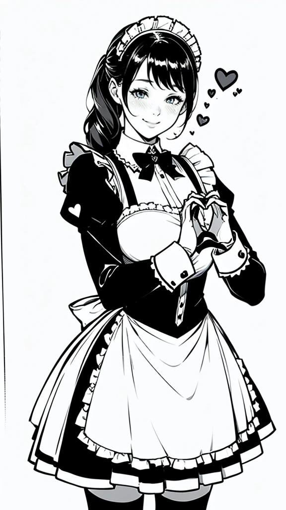 (masterpiece:1.2, Highest quality),(Line art),(Monochrome),(Very detailed),8K,wallpaper,1 female,Cute face,smile,((Maid in a maid café)),((betterhand)),Random hairstyle,Random pose,Beautiful female hands,((lineart, monochrome)),BREAK(((maid cafe))),(((heart hands))),((a girl in gothic costume standing))