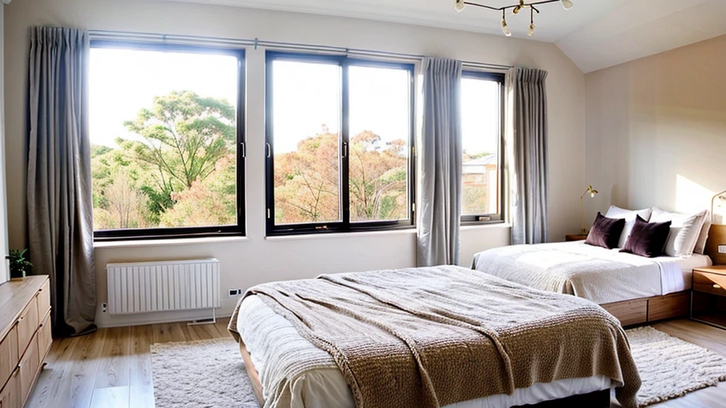 A minimalist bedroom with a soft color palette and natural light streaming in through the window