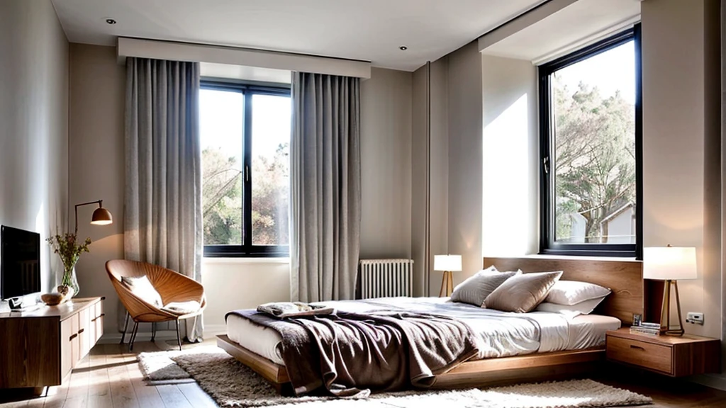 A minimalist bedroom with a soft color palette and natural light streaming in through the window