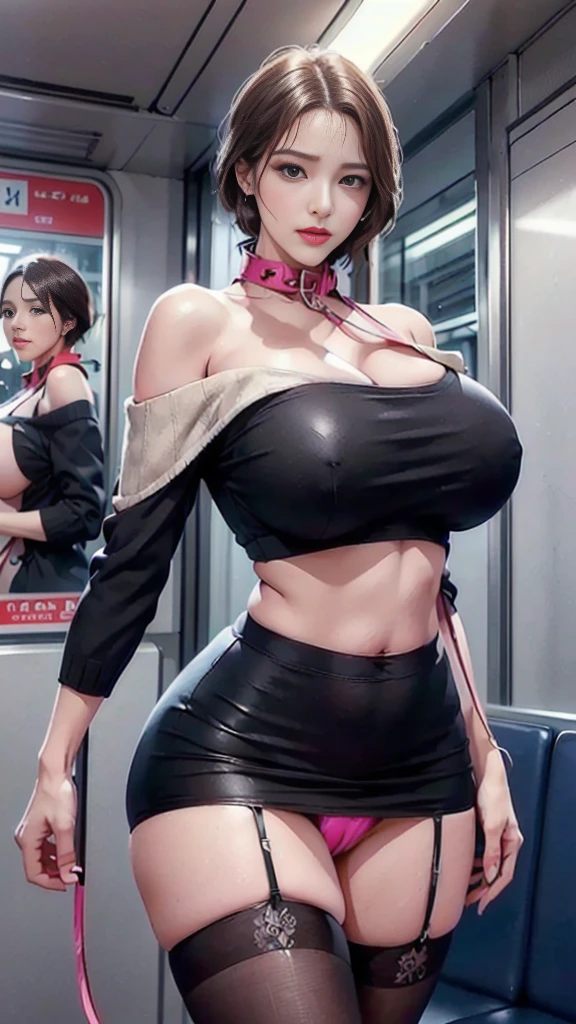 Pretty Female,  glowing blue eyes, realistic, masterpiece, high detailed, 4K, (One ultimate beautiful mature woman), (mom and son on magazine cover:1.4), very detailed顔, detailed lips, sensual lips, detailed eye, double eyelid, , ((in the crowded train:1.4))), huge breasts,slim thigh,  (thighs thighs thighs),  Exactly, perfect body, perfect face, Depth of the bounds written, perfect image realism, 、Darkness background, detailed costume, perfect thing、hyper realism、photoreal、8K maximum resolution, (masterpiece), very detailed, Professional, ((feel shy, embarrased, nervous:1.4)), (( standing, , black and shine hairs:1.4)), ((wear   stockings, long  leggs, exposed pussy, vagina, vulva, clitoris, areola, collar,leash:1.4)),(((masterpiece))), ((best quality)), ((Intricate details)), ((surreal)), H, milf, mature woman, view, Very detailed, illustration,，model pose, charming，pink lipstick，Hands ruffle your hair，beautiful big eyes，(Star-sparkling pupils),Peerless beauty，Empress the country and the city，Fair and delicate skin，Skin tone is pale，Light makeup，Messy hair, , hands on pole , ((wear off shoulder sweater   , navel, high miniskirt, underboobs, pantie:1.4))