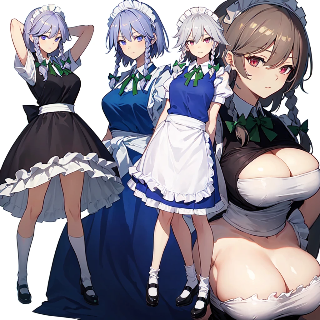 (((one women))),(((izayoi sakuya))),(touhou), red eyes, maid, medium hair, twin braids, grey hair, maid headdress, blue dress, puffy short sleeves, maid apron, waist apron, white apron, green bow, hair bow, waist bow, white bow, ,(large breasts),(((full body))),(((arms behind head,spread legs))),(((white background))),(((Diagonal angle)))