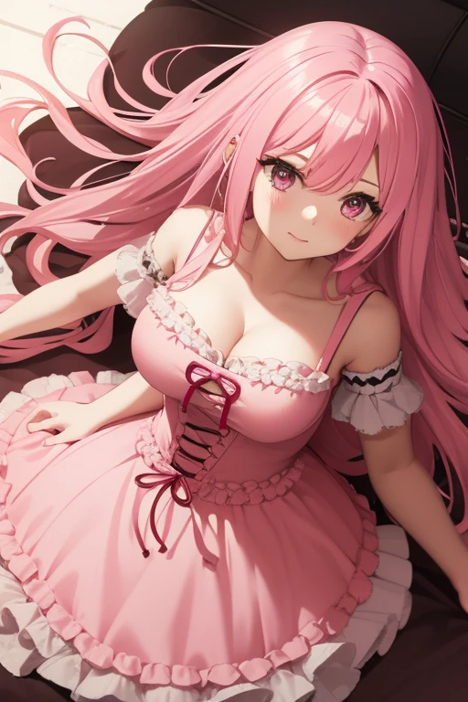 Girl, cute pink dress, pink hair, extremely long hair, frilly hair, large breasts, lots of cleavage