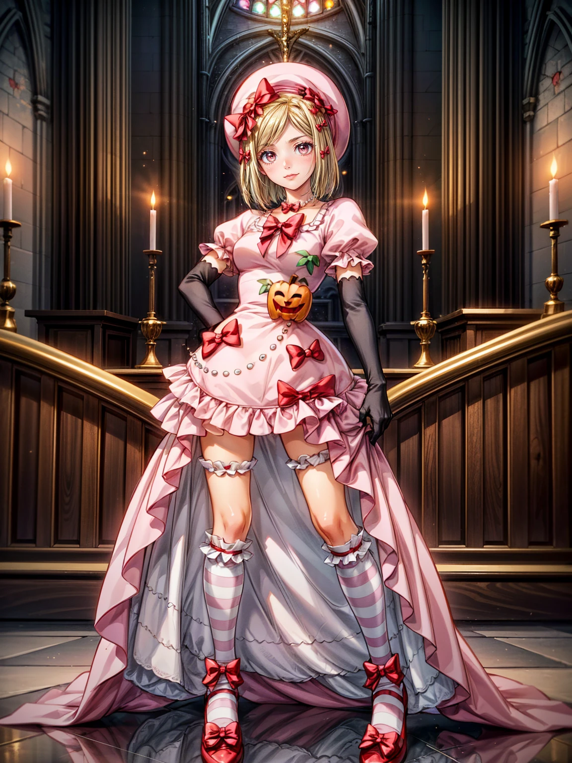 (1 lady), The beautiful, (Best quality at best:1.4), (ultra - detailed), (extremely detailed CG unified 16k), gold blonde hair, very detailed, High-definition RAW color photo, professional photoshooting, amazing face and eyes, cosmetics, (amazingly beautiful girl), ((lambdadelta, tall woman, taller)), ((dress, shoes bow, red shoes, striped stockings, red bow, pink hat, necklace, gloves, pearl, pumpkin brooch, pink dress)), standing, sexyposture,(Dark and stylish cathedral, stained glass, altar, before the altar, candle lights, candle lights:1.3), (look from down), realistic cinematic face, head to feet long wide zoomed out view, full body long view, photorealistic, ((realistic natural blonde hair style, honey eyes)), gorgeous, extremely beautiful face, perfect model beauty, pout mouth, flirting smile, cleavages, city girl, western, shopping in the city, (masterpiece), best quality, high resolution, extremely detailed, blurred background, depth of field, cinematic lighting, (amazing legs, strong legs, athletic legs), high heels, clear and well-cared skin