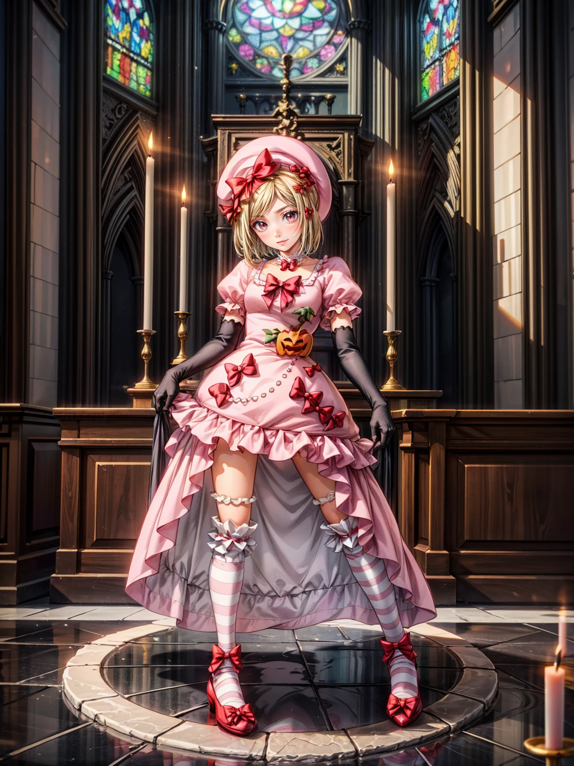 (1 lady), The beautiful, (Best quality at best:1.4), (ultra - detailed), (extremely detailed CG unified 16k), gold blonde hair, very detailed, High-definition RAW color photo, professional photoshooting, amazing face and eyes, cosmetics, (amazingly beautiful girl), ((lambdadelta, tall woman, taller)), ((dress, shoes bow, red shoes, striped stockings, red bow, pink hat, necklace, gloves, pearl, pumpkin brooch, pink dress)), standing, sexyposture,(Dark and stylish cathedral, stained glass, altar, before the altar, candle lights, candle lights:1.3), (look from down), realistic cinematic face, head to feet long wide zoomed out view, full body long view, photorealistic, ((realistic natural blonde hair style, honey eyes)), gorgeous, extremely beautiful face, perfect model beauty, pout mouth, flirting smile, cleavages, city girl, western, shopping in the city, (masterpiece), best quality, high resolution, extremely detailed, blurred background, depth of field, cinematic lighting, (amazing legs, strong legs, athletic legs), high heels, clear and well-cared skin