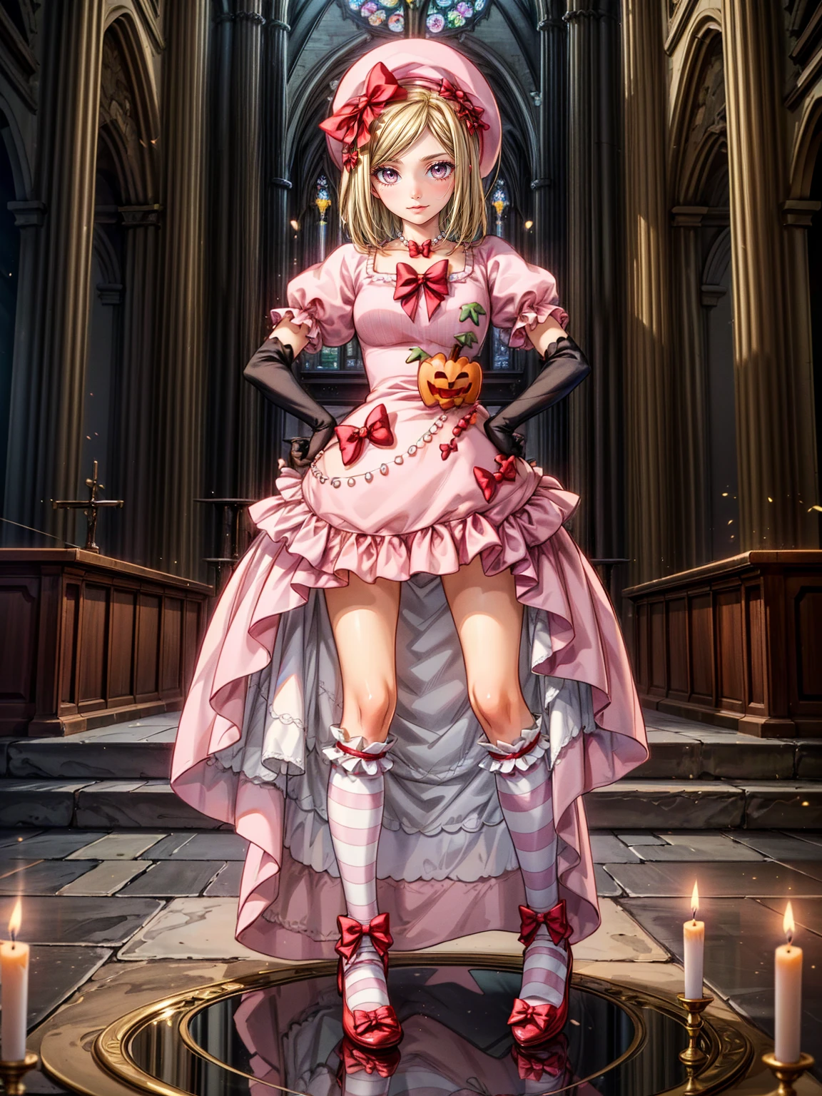 (1 lady), The beautiful, (Best quality at best:1.4), (ultra - detailed), (extremely detailed CG unified 16k), gold blonde hair, very detailed, High-definition RAW color photo, professional photoshooting, amazing face and eyes, cosmetics, (amazingly beautiful girl), ((lambdadelta, tall woman, taller)), ((dress, shoes bow, red shoes, striped stockings, red bow, pink hat, necklace, gloves, pearl, pumpkin brooch, pink dress)), standing, sexyposture,(Dark and stylish cathedral, stained glass, altar, before the altar, candle lights, candle lights:1.3), (look from down), realistic cinematic face, head to feet long wide zoomed out view, full body long view, photorealistic, ((realistic natural blonde hair style, honey eyes)), gorgeous, extremely beautiful face, perfect model beauty, pout mouth, flirting smile, cleavages, city girl, western, shopping in the city, (masterpiece), best quality, high resolution, extremely detailed, blurred background, depth of field, cinematic lighting, (amazing legs, strong legs, athletic legs), high heels, clear and well-cared skin